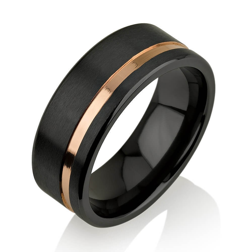 Men's Wedding Band Black Zirconium Rose Gold Stripe Ring Rose Gold Black Zirconium Ring Black Zirconium Wedding Band, Men's Wedding Band 8mm