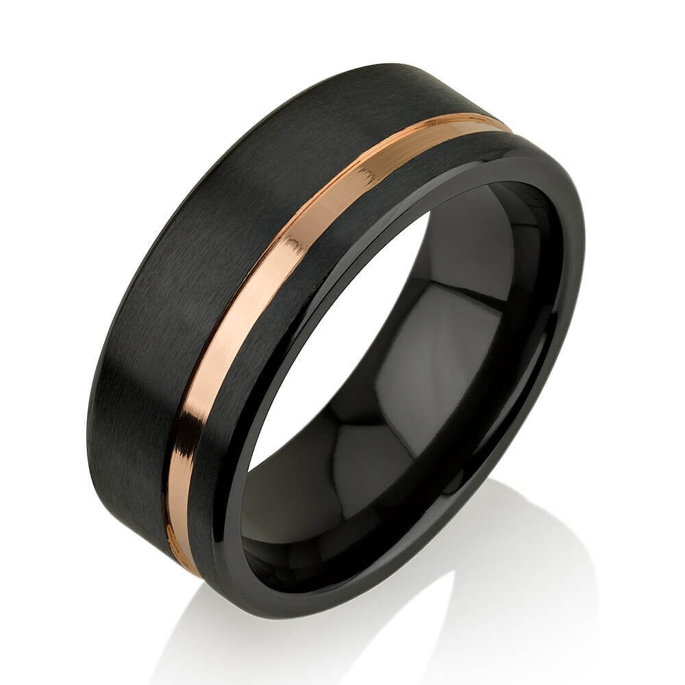 Men's Wedding Band Black Zirconium Rose Gold Stripe Ring Rose Gold Black Zirconium Ring Black Zirconium Wedding Band, Men's Wedding Band 8mm