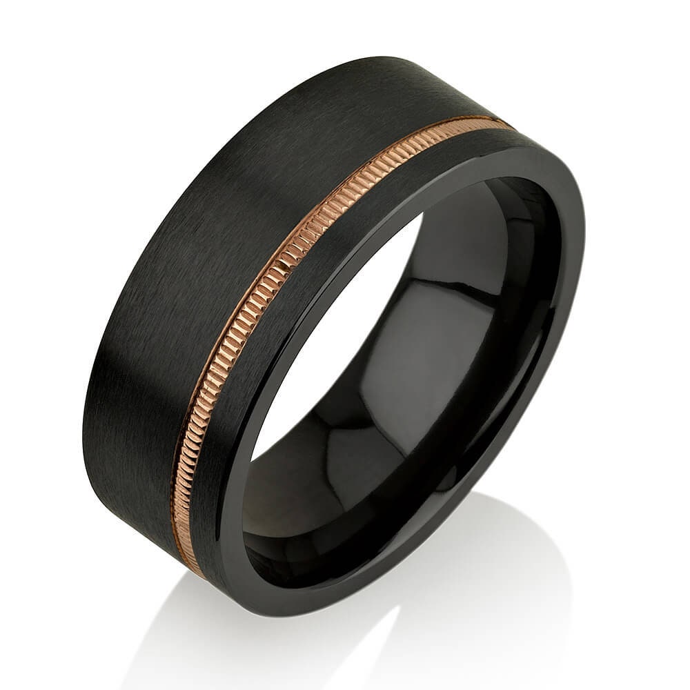 Unique Men's Wedding Band Black Zirconium Rose Gold Stripe Ring Rose Gold Black Zirconium Ring Black Zirconium Wedding Band, Men's Wedding