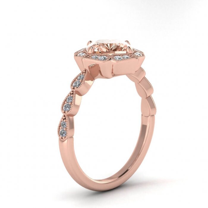 Mini Vintage Floral Morganite Engagement Ring 14k Rose Gold Scalloped Diamond Wedding Band 6x6mm Cushion Cut Color Gemstone Ring