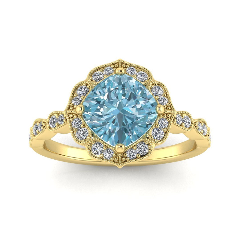 Cushion Aquamarine Engagement Ring in 14k White Gold Mini Vintage Floral Ring 6x6mm Milgrain Diamond Wedding Band March Birthstone Ring