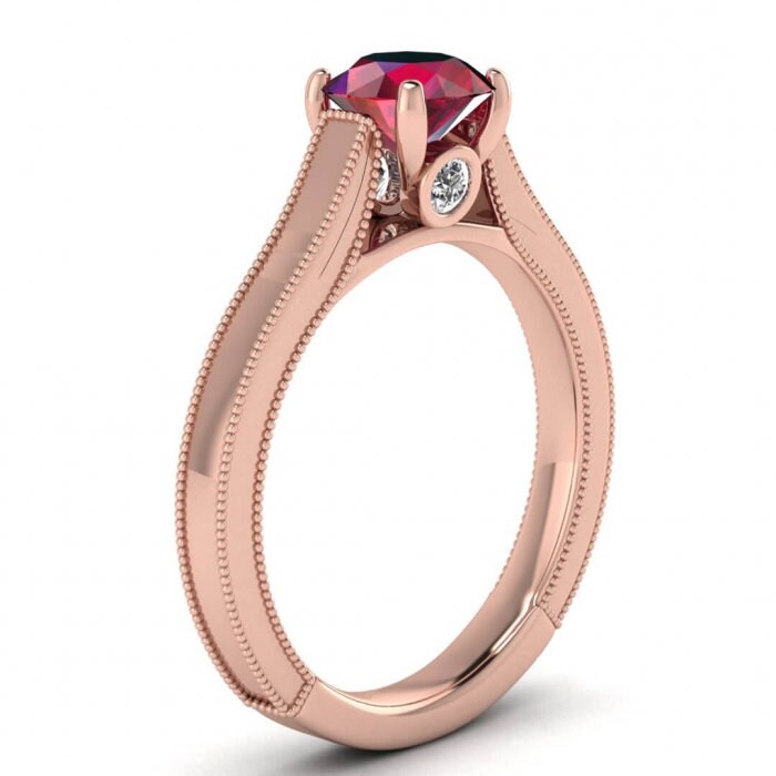 14k rose gold Addison ruby and diamond vintage engagement ring (1/9 ct) milgrain, hidden gemstone, solitaire ring, rising shoulders