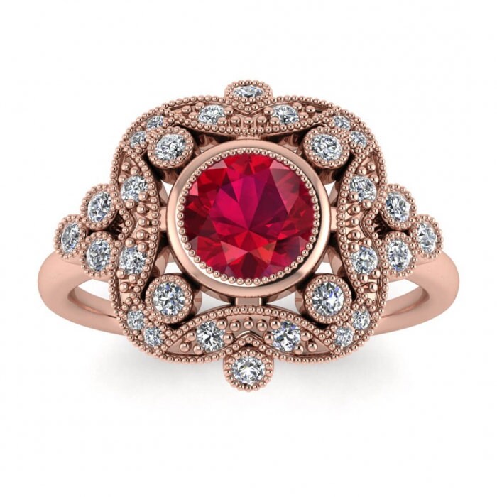 14k rose gold Adeline vintage ruby and diamond engagement ring (1/4 ct. tw.) filigree antique design, beaded milgrain, gemstone bezel accent