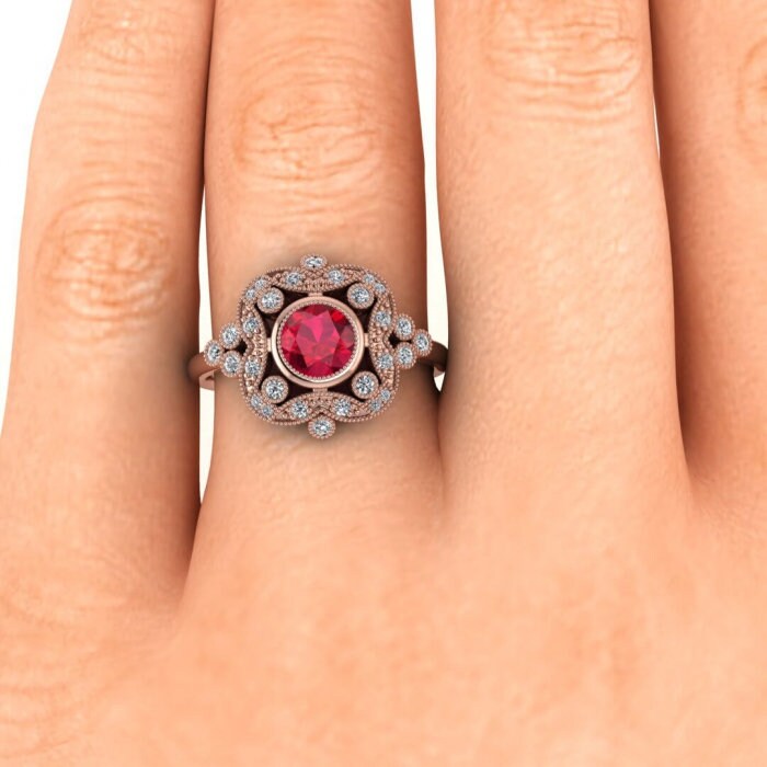 14k rose gold Adeline vintage ruby and diamond engagement ring (1/4 ct. tw.) filigree antique design, beaded milgrain, gemstone bezel accent