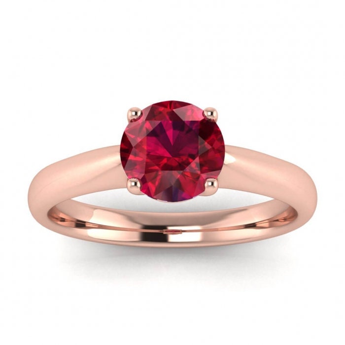 14k rose gold Aine tapered band ruby ring, tapered band, open basket gallery, Ruby Ring