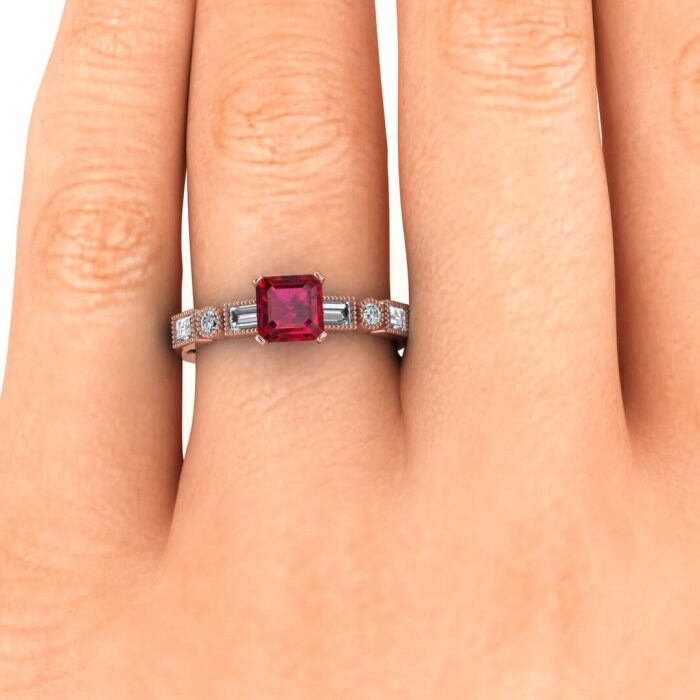 14k rose gold Amara asscher cut ruby and diamond baguette ring (3/5 ct. tw.) prong setting, round and baguette gemstones ,Ruby Ring