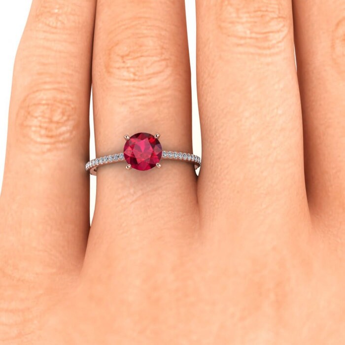 14k rose gold Anahi micro pave ruby and diamond engagement ring (1/6 ct. tw.) micro pave accents, prongs setting, Ruby Ring