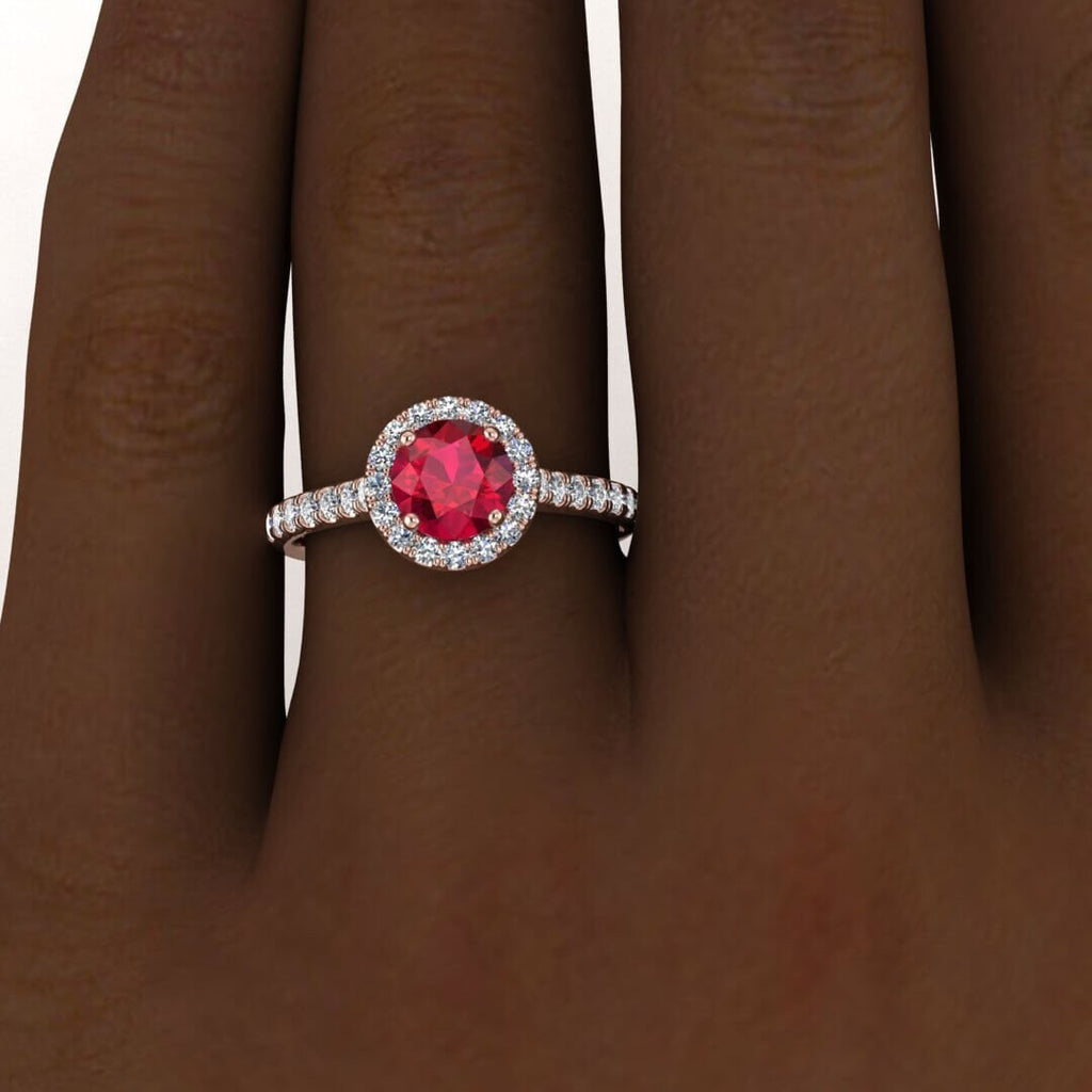 14k rose gold Anika luxurious pave ruby and diamond halo ring (3/7 ct. tw.) unique scalloped pave, round halo, bridged shank