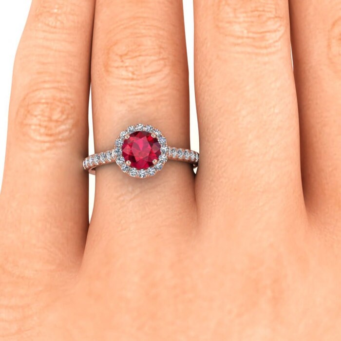 14k rose gold Anika luxurious pave ruby and diamond halo ring (3/7 ct. tw.) unique scalloped pave, round halo, bridged shank