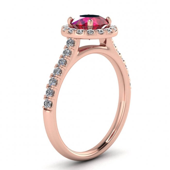 14k rose gold Anika luxurious pave ruby and diamond halo ring (3/7 ct. tw.) unique scalloped pave, round halo, bridged shank