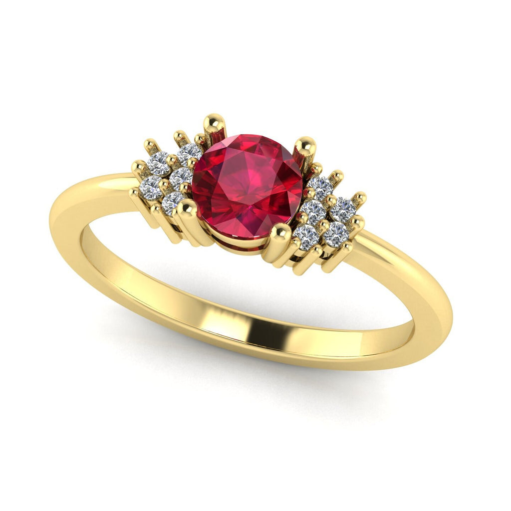 14k Yellow gold vintage ruby and diamonds engagement ring (1/10 ct. tw.) round cut prongs set