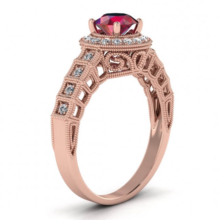 14k rose gold art Deco halo ruby and diamond ring (1/5 ct) filigree shank, pave set diamond, milgrain edges, halo center gemstone