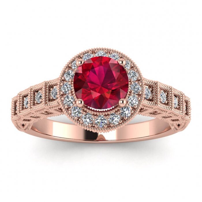 14k rose gold art Deco halo ruby and diamond ring (1/5 ct) filigree shank, pave set diamond, milgrain edges, halo center gemstone