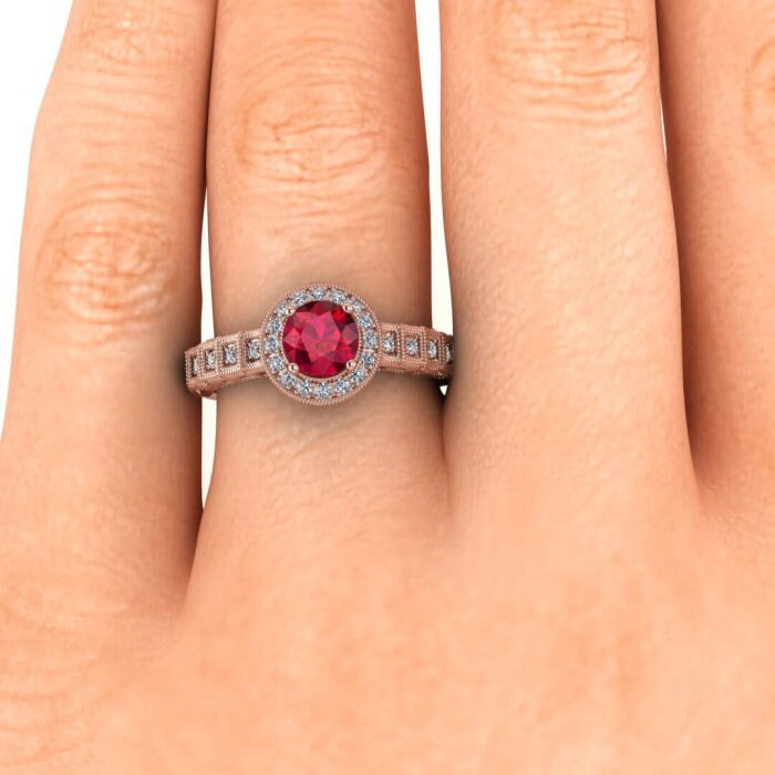 14k rose gold art Deco halo ruby and diamond ring (1/5 ct) filigree shank, pave set diamond, milgrain edges, halo center gemstone