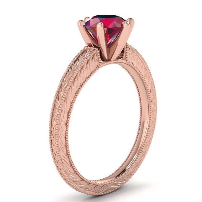 14k rose gold Avery ruby hand engraved solitaire ring hand engraved, wheat, milgrain,prongs low profile setting