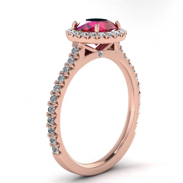 14k rose gold Bee endless sparkle ruby and diamond halo ring (3/8 ct. tw.) french pave band, french pave halo, hidden gemstone