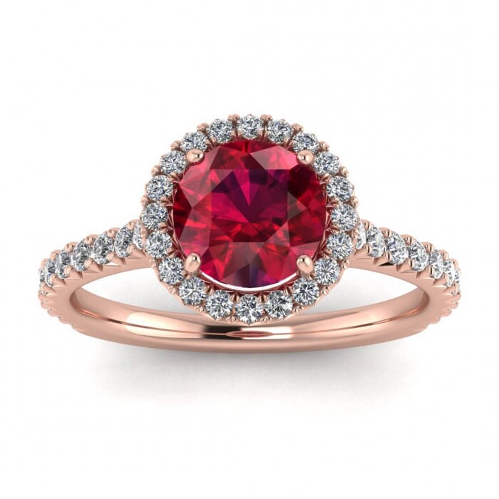 14k rose gold Bee endless sparkle ruby and diamond halo ring (3/8 ct. tw.) french pave band, french pave halo, hidden gemstone