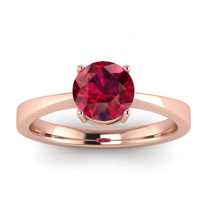 14k rose gold Beryl tapered ruby solitaire ring, tapered band, squared band, basket setting