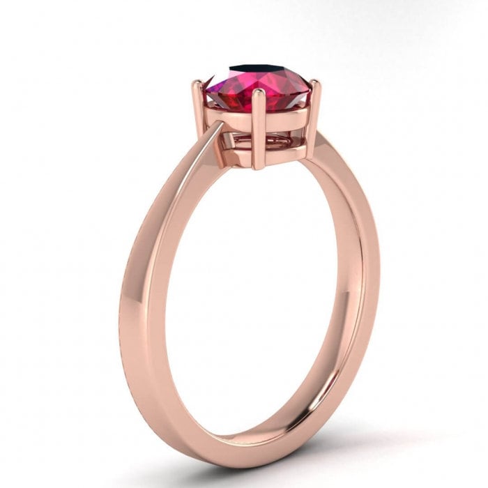 14k rose gold Beryl tapered ruby solitaire ring, tapered band, squared band, basket setting