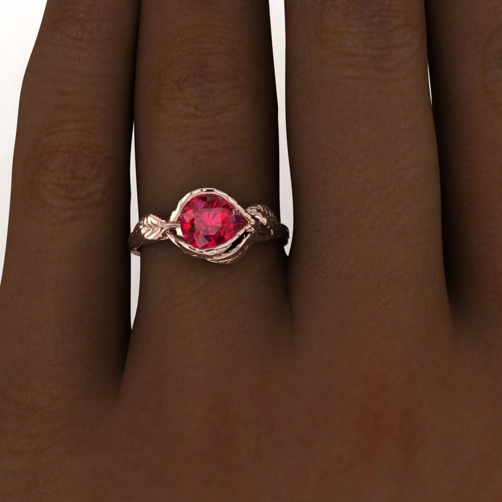 14k rose gold Bijou ruby lotus flower ring, lotus engagement ring, leaf ring, vintage