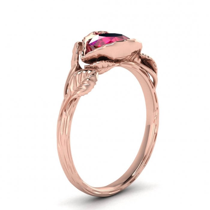 14k rose gold Bijou ruby lotus flower ring, lotus engagement ring, leaf ring, vintage