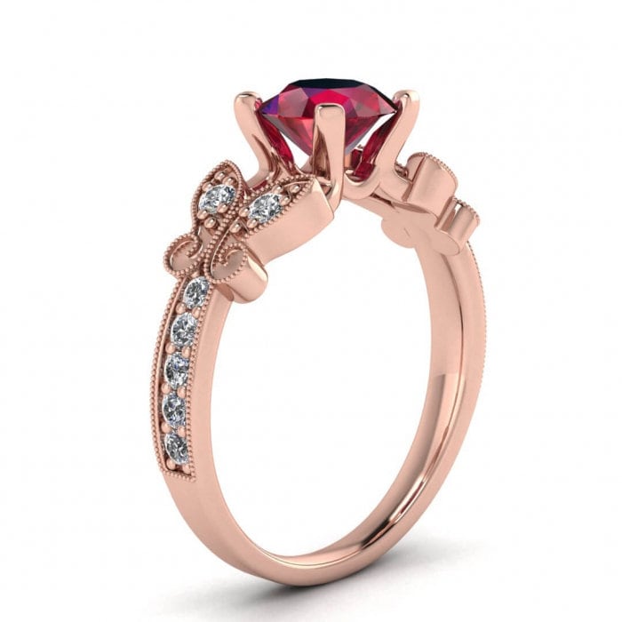 14k rose gold Butterfly ruby and diamond engagement ring (1/4 ct. tw.), vintage inspired, prongs center setting, gemstone accented butterfly