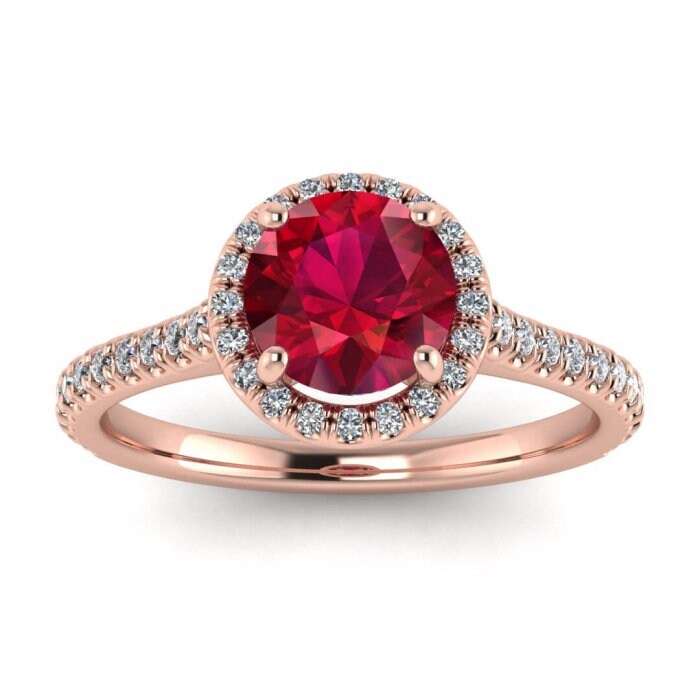 14k rose gold Caitlin paved halo ruby and diamond ring (1/5 ct. tw.), paved accent, paved halo, thin band, open gallery