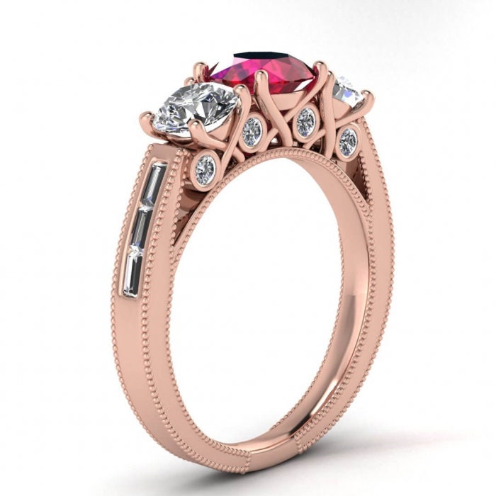 14k rose gold Capri 3 stone ruby and diamond baguette ring (1 1/4 ct. tw.), baguette accents, milgrain,bezel accents,3 stone engagement ring