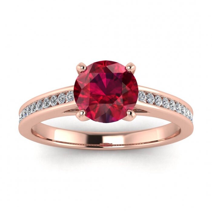 14k rose gold Cassie delicate channel ruby and diamond engagement ring (1/9 ct. tw.), round cut, bridged shank, cathedral design