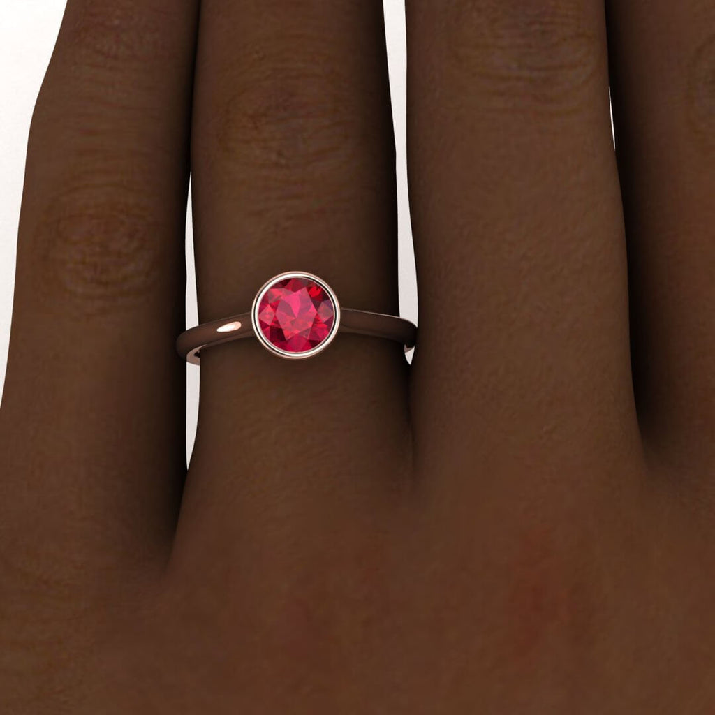 14k rose gold floating bezel ruby ring, ruby engagement ring, ruby solitaire ring, unique ruby ring, floating bezel, rounded band ,