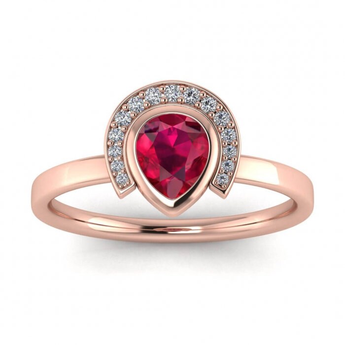 14k rose gold Cato halo pear ruby and diamond ring, pear shaped bezel, halo, pave accents