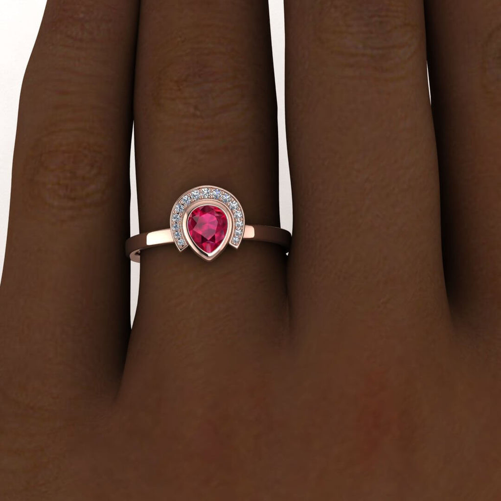 14k rose gold Cato halo pear ruby and diamond ring, pear shaped bezel, halo, pave accents