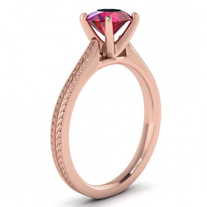 14k rose gold Clio milgrained ruby ring, cathedral , high profile prongs, hand engraving, milgrain