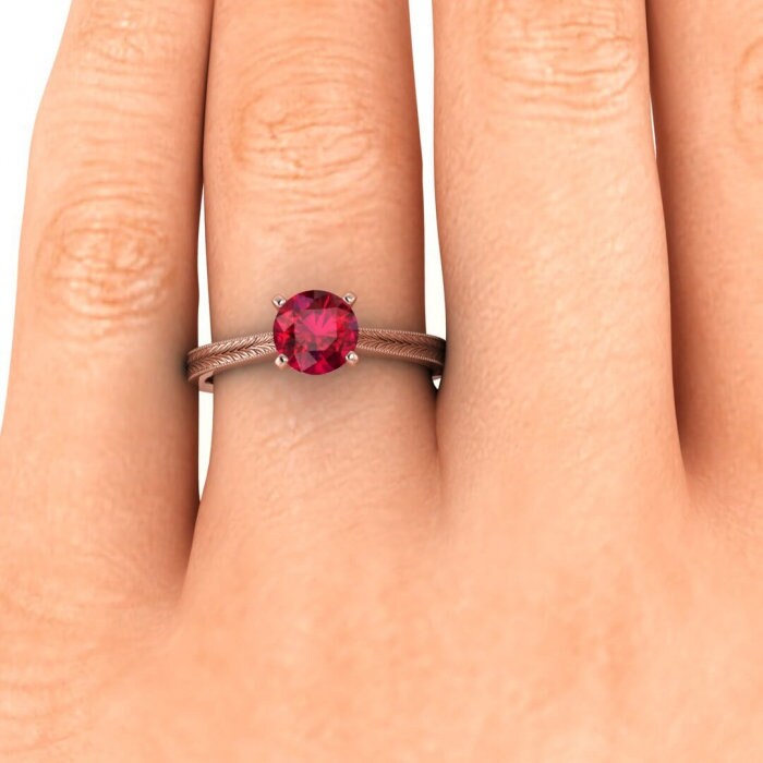 14k rose gold Clio milgrained ruby ring, cathedral , high profile prongs, hand engraving, milgrain