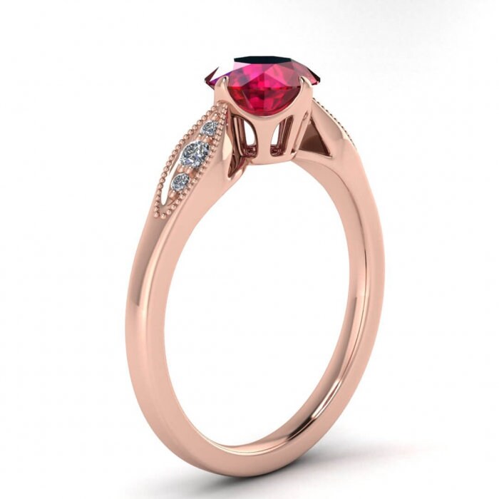 14k rose gold Compass east west ruby and diamond setting ring (1/9 ct. tw.), claw prongs, open gallery, milgrain, shared prong pave