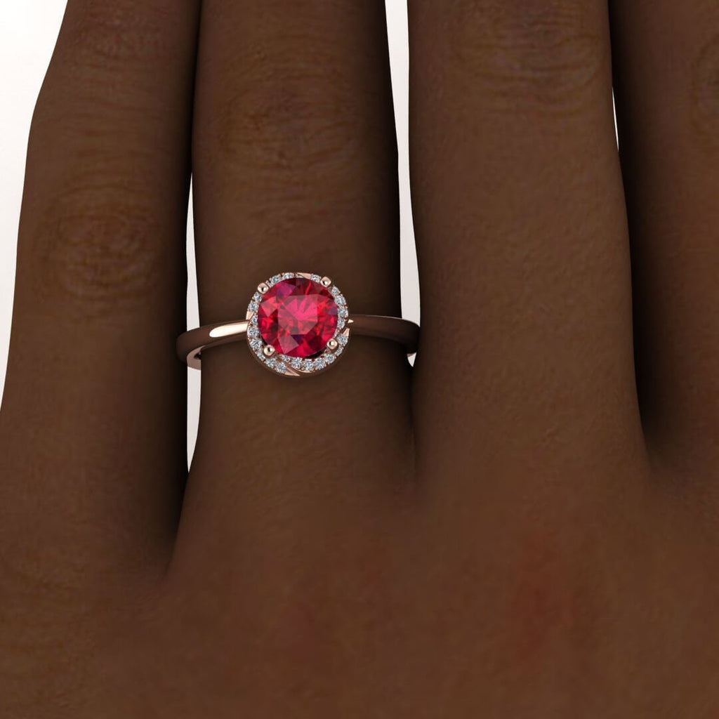 14k rose gold Cora twisted halo ruby and diamond ring (1/9 ct. tw.), rounded shank, twisted petite halo,rounded band