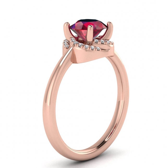 14k rose gold Cora twisted halo ruby and diamond ring (1/9 ct. tw.), rounded shank, twisted petite halo,rounded band