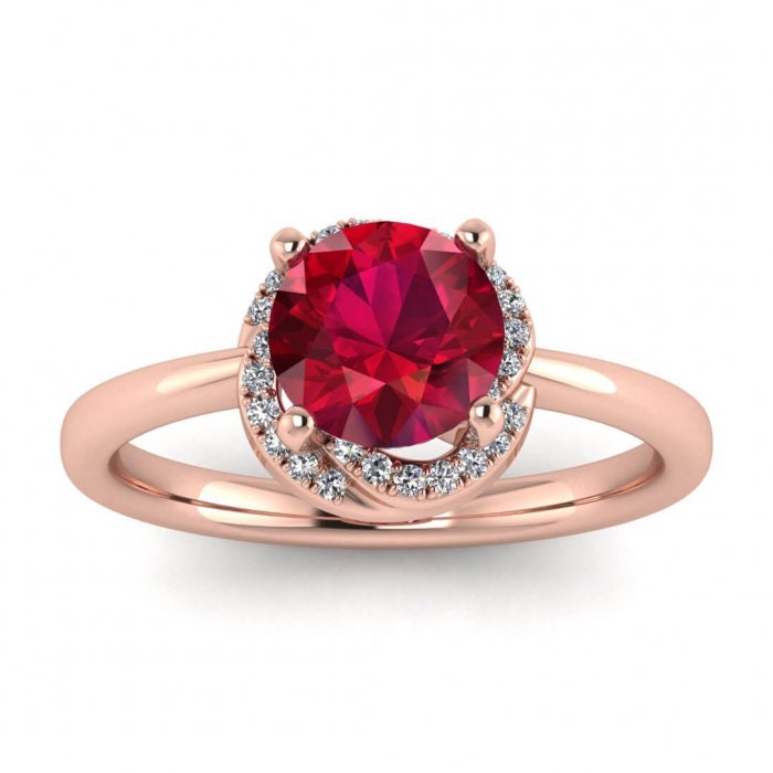 14k rose gold Cora twisted halo ruby and diamond ring (1/9 ct. tw.), rounded shank, twisted petite halo,rounded band