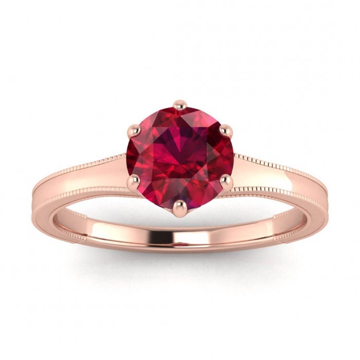 14k rose gold Corinne milgrained ruby engagement ring, milgrained band, squared solitaire ring, prongs setting