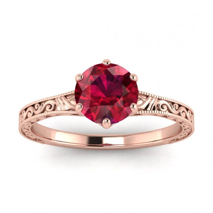 14k rose gold Corinne scrollwork engraving ruby ring, wave engraving, antique design, squared milgrained edges, basket setting