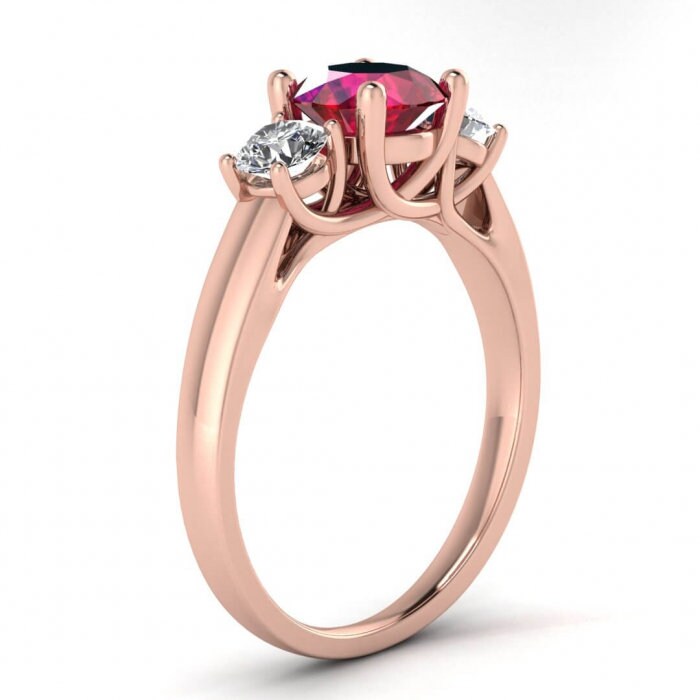 14k rose gold Dawn 3 ruby and diamond engagement ring (2/5 ct. tw.), basket setting, prongs setting,open gallery