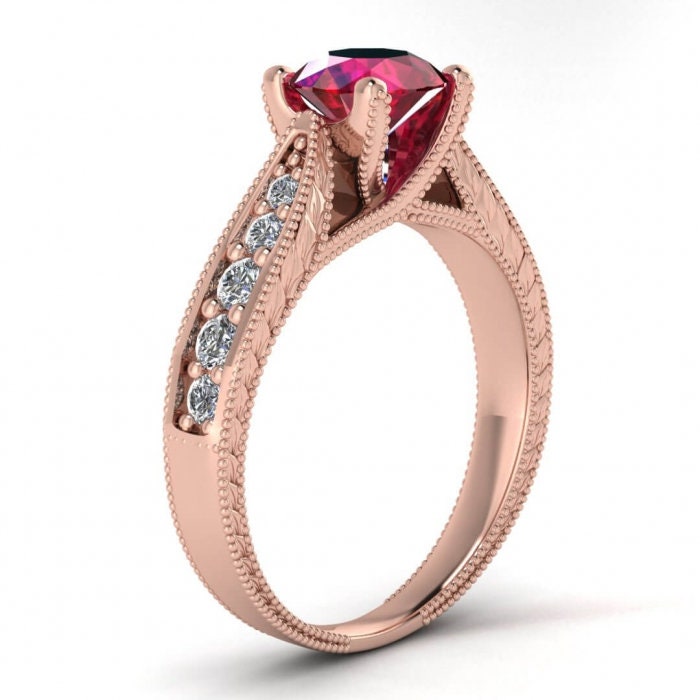 14k rose gold Elke vintage floral engraving ruby and diamond ring (1/3 ct. tw.), channel pave, milgrain, leaves engraving,intertwined prongs