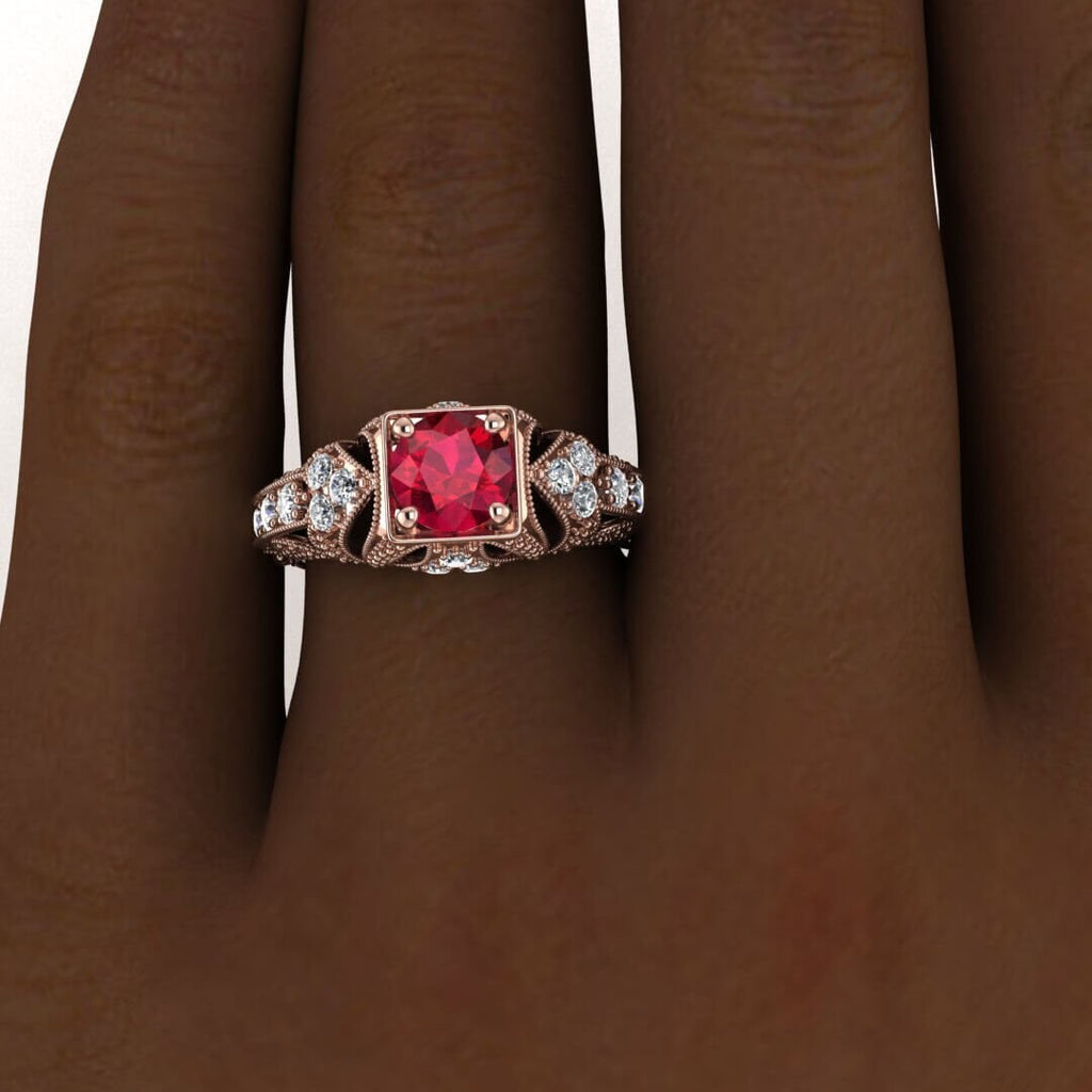 14k rose gold Elsie engraved ruby and diamond ring (1/2 ct. tw.), filigree milgrained,hand engraving, delicate, gemstone accent,open gallery