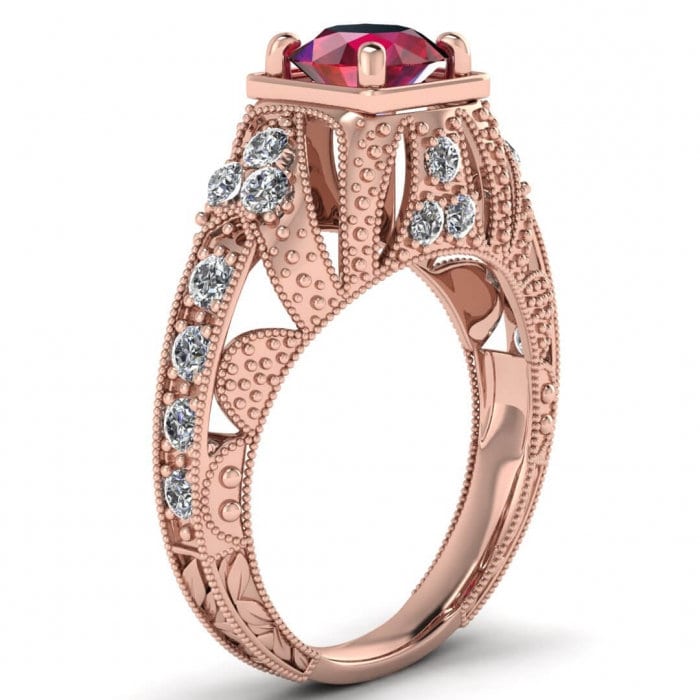 14k rose gold Elsie engraved ruby and diamond ring (1/2 ct. tw.), filigree milgrained,hand engraving, delicate, gemstone accent,open gallery