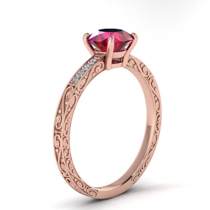 14k rose gold Elspeth micropave engraved ruby and diamond engagement ring, basket prongs setting, shared prongs pave, hand engraved