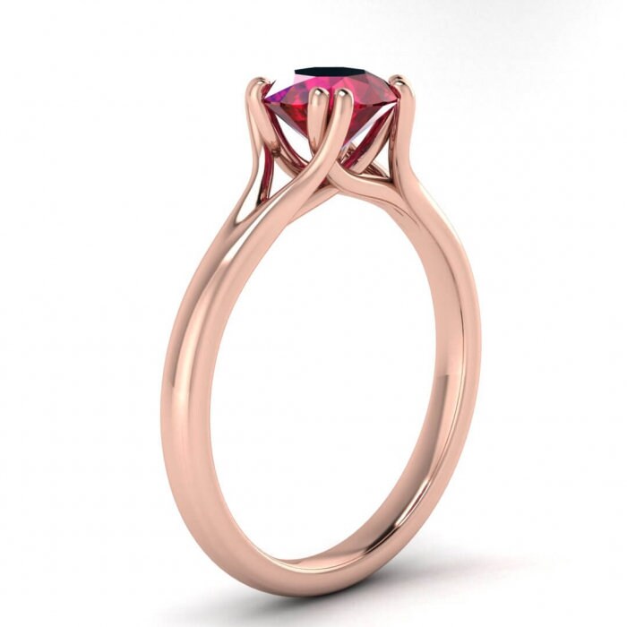 14k rose gold Emery split shank ruby ring, split shank, double prongs, intertwined band