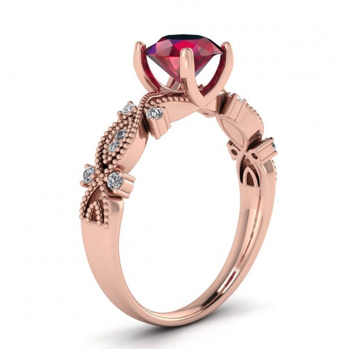 14k rose gold Everly marquise shaped ruby and diamond ring (1/9 ct. tw.), marquise shaped , antique style , filigree, squared ,milgrain