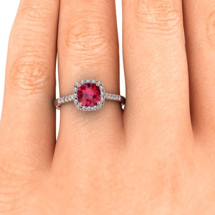 14k rose gold Gaia cushion cut ruby and diamond halo ring (1/4 ct. tw.), cushion halo, french pave