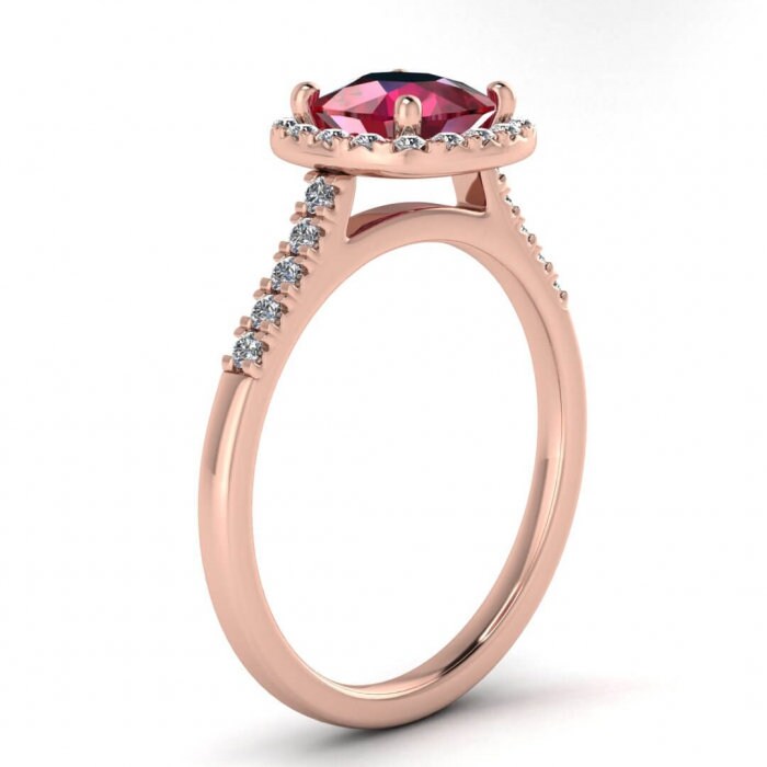 14k rose gold Gaia cushion cut ruby and diamond halo ring (1/4 ct. tw.), cushion halo, french pave