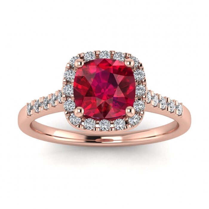 14k rose gold Gaia cushion cut ruby and diamond halo ring (1/4 ct. tw.), cushion halo, french pave